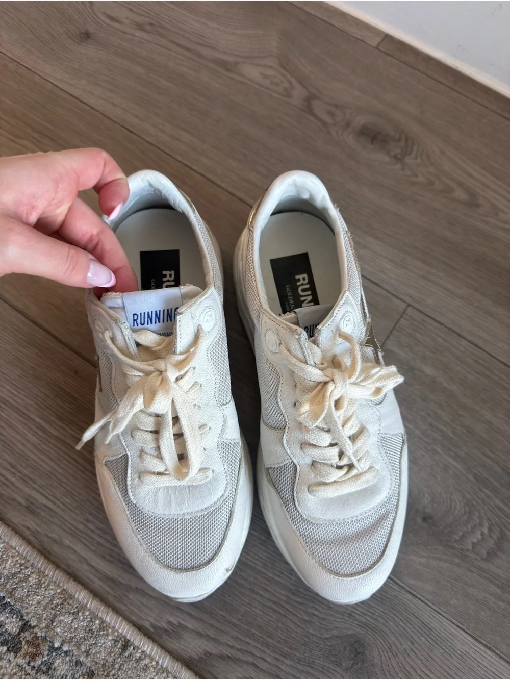 White Golden Goose Running Soles Sneakers with Gold Heel Accent